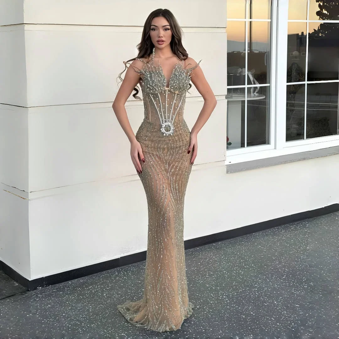 Customized Exquisite Evening Dresses Strapless Floor Length Mermaid Prom Gowns Crystals Beading Birthday Party Dresses