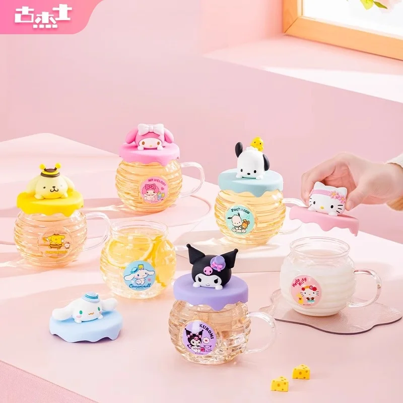 Für Sanrio Collaboration Glasbecher Hello Kitty Kuromi Becher Honig Nicht geformter Wasserbecher mit Cartoon-Silikondeckel Home Milchbecher