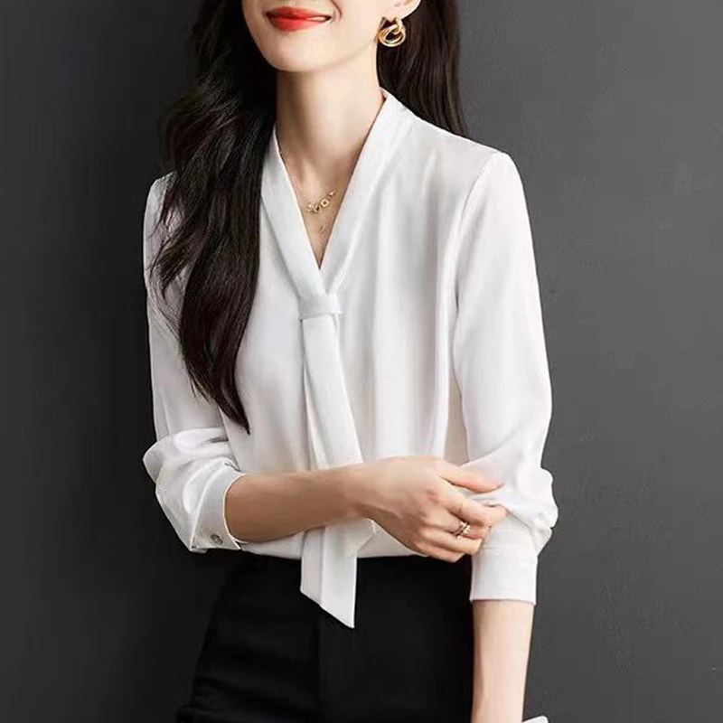 Women Fashion Bow Tie Chic Elegant Blouse Autumn Office Lady Business Casual Shirts Solid V Neck Long Sleeve Tops Chiffon Blusas