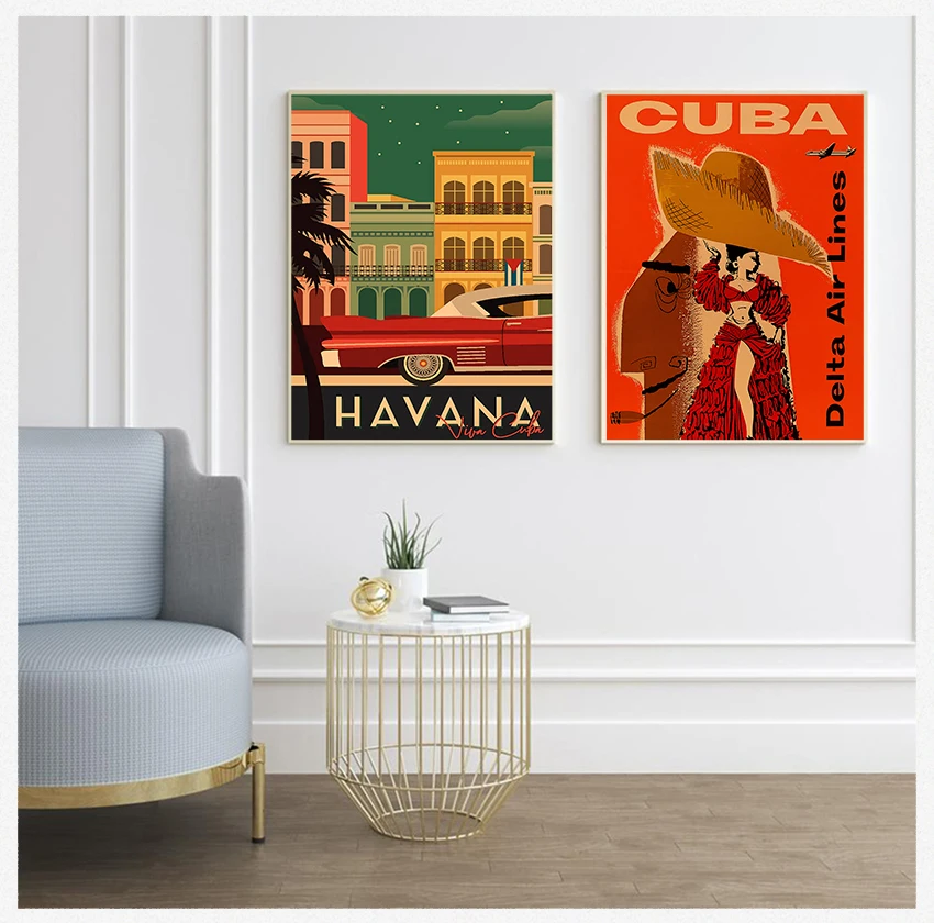 Wall Pictures Kraft Posters Coated Wall Stickers Home Decoration Gift Cuba Havana Travel Poster Canvas Painting Vintage