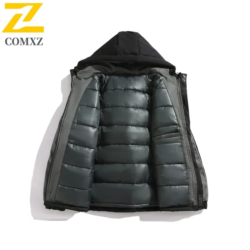 COMXZ Classic Down Jacket Hooded Splicing White Duck Down Windproof Coat Trendy Hiking Camping Lightweight Warm Winter Wear