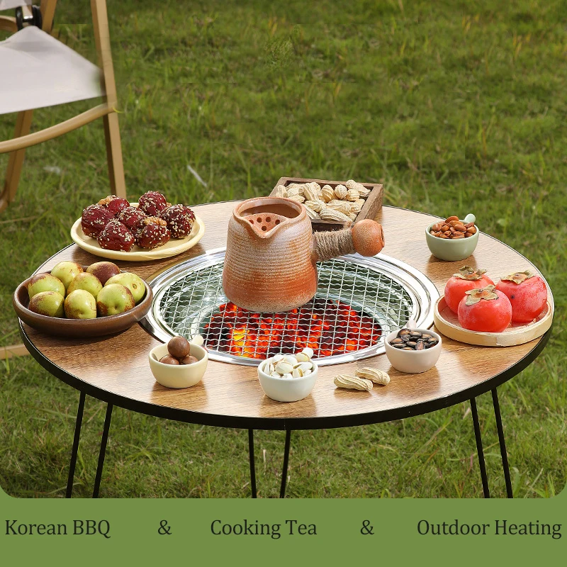 Outdoor Camping Folding Barbecue Stove Tea Boiling Stove Wood Grain Round Folding Table Picnic BBQ Stove  Korean Bbq Grill