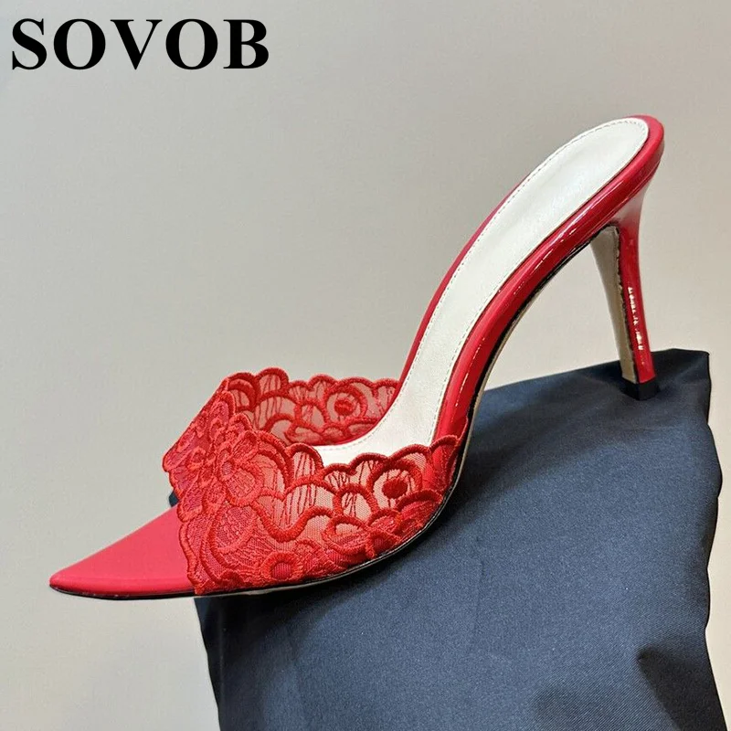 New Summer Sexy Lace Embroidered Thin High Heel Slippers Women Solid Color Hollow Out Pointed Toe Sandals Party Banquet Shoes