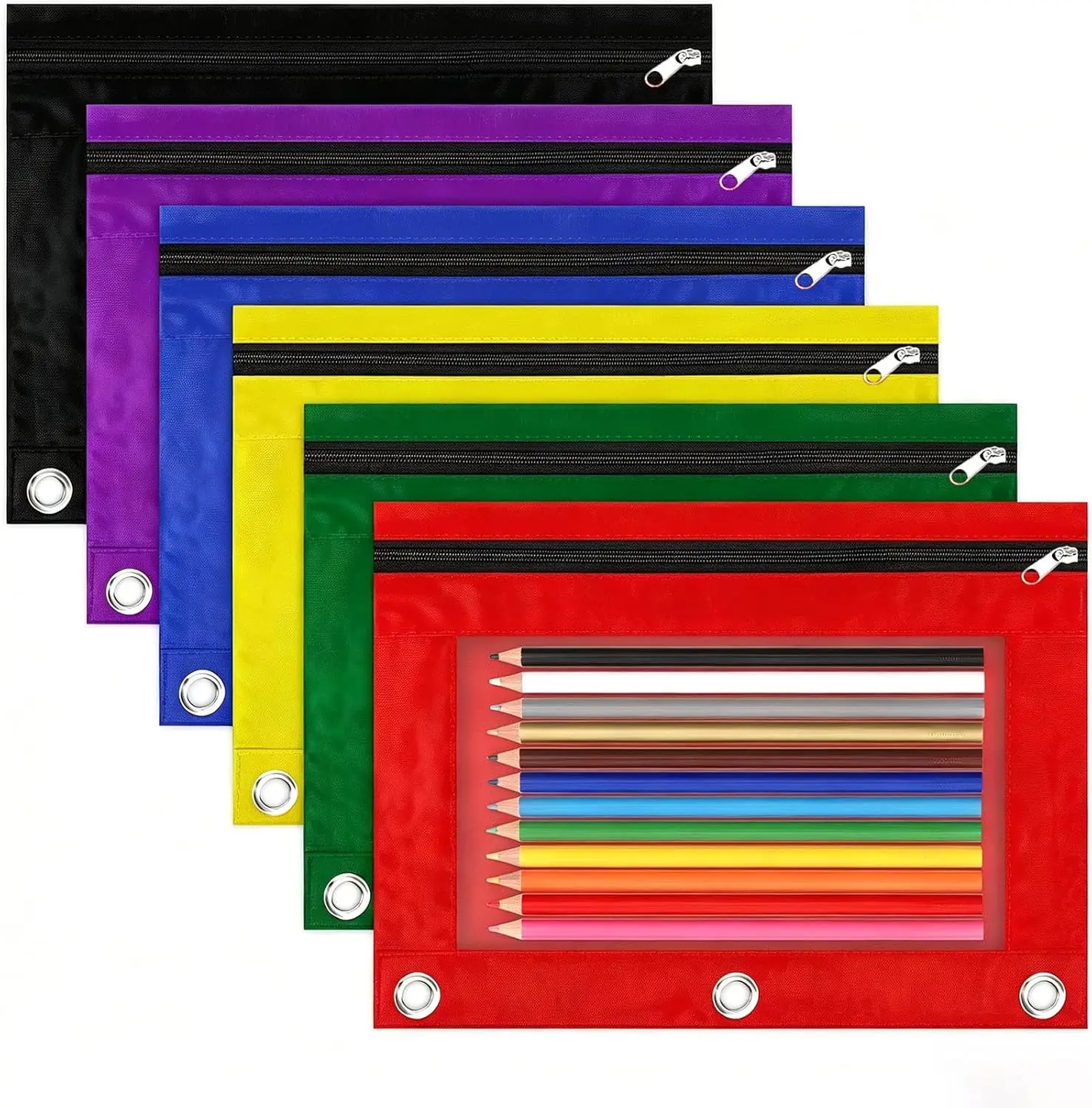 Pencil Pouch for 3 Ring Binder, 6 Pack Multicolors Zipper Pencil Pouches, Clear Window Pencil Case for Binder, 3 Hole Pen Pouch