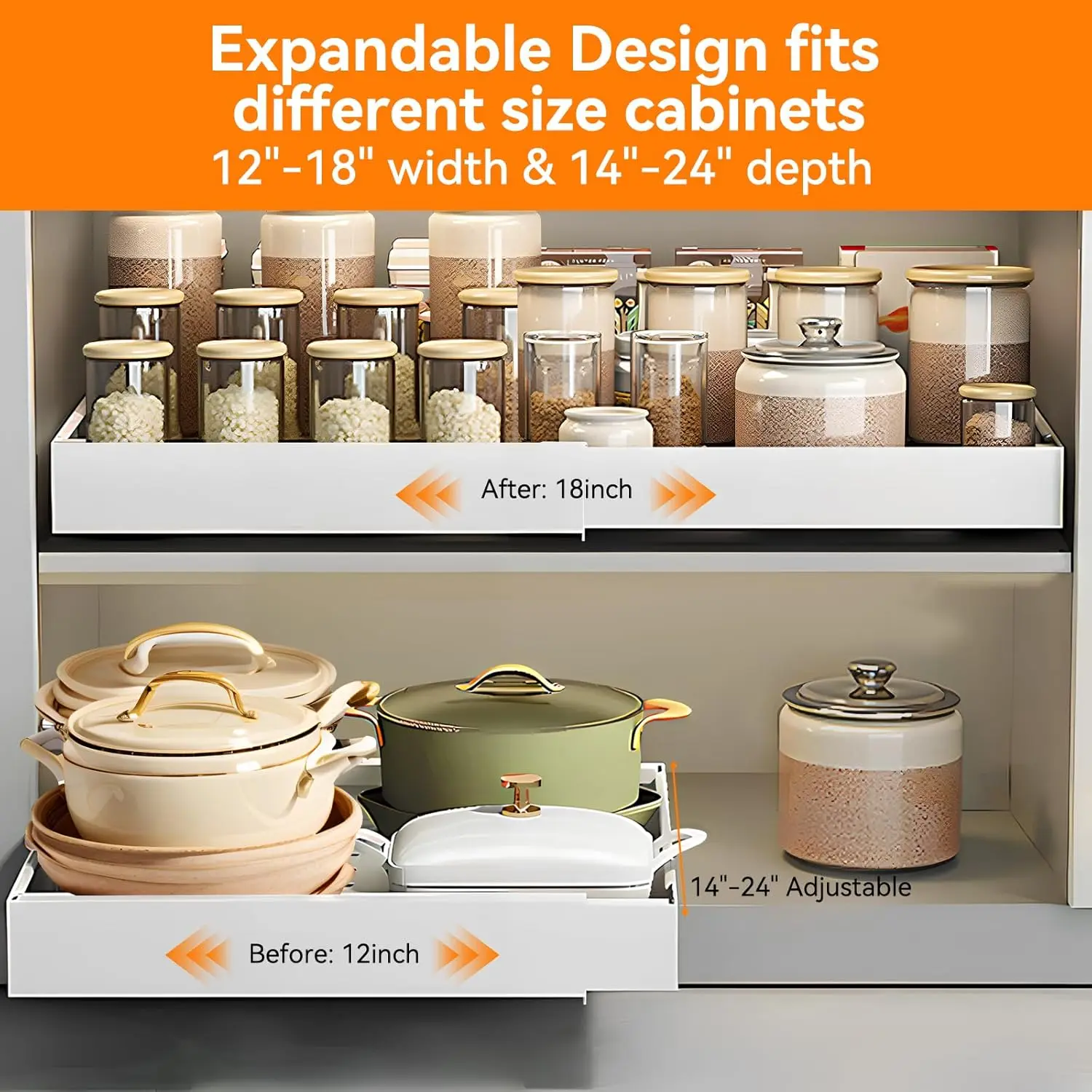 

Pull Out Cabinet Organizer Expandable Width(12""-18"") And Depth(14""-24"") Slide Out Drawers Fixed With Adhesive Nano Film Or