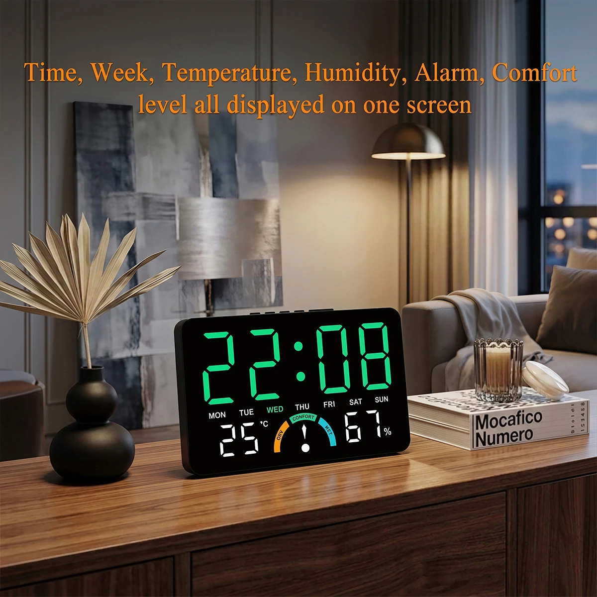 Wall-mounted Digital Alarm Clock Voice Control Temperature Week Display Dual Alarm Snooze Table Clock12/24H Electronic LED Clock