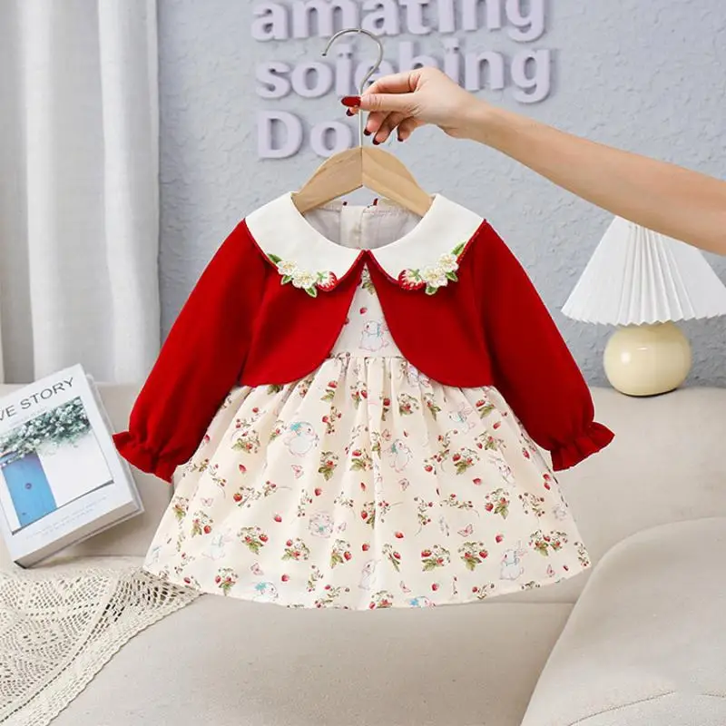 2024 Autumn New Kids Girls Dress Baby Girl Floral Dresses Sweet Printed Children Princess Frocks Holiday Party Fancy Clothing