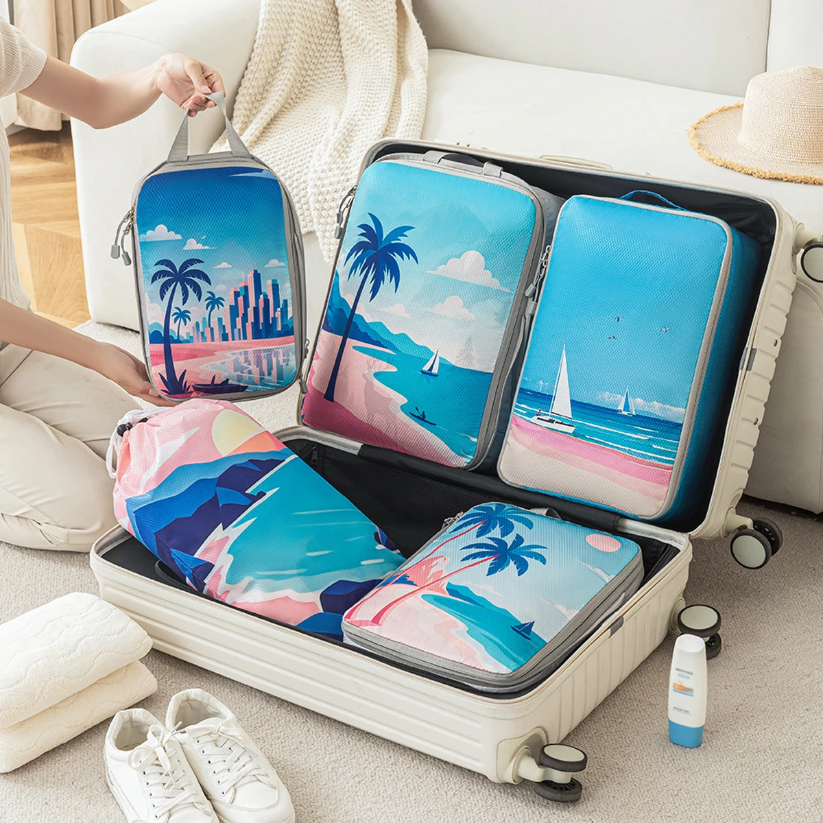 

5pcs tropical printed compressed lightweight travel clothing storage bag suit, space-saving travel necessities accessories