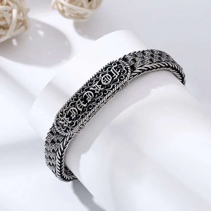 tangcao pattern bracelet thick type men and women European and American letter fashion Thai silver retro distressed ornament