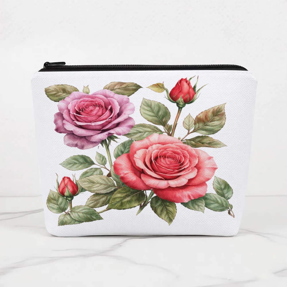 Rose Floral Pattern Print Design Makeup Bags for Girls Cosmetic Pouch Toiletry Bag Pencil Case Travel Storage
