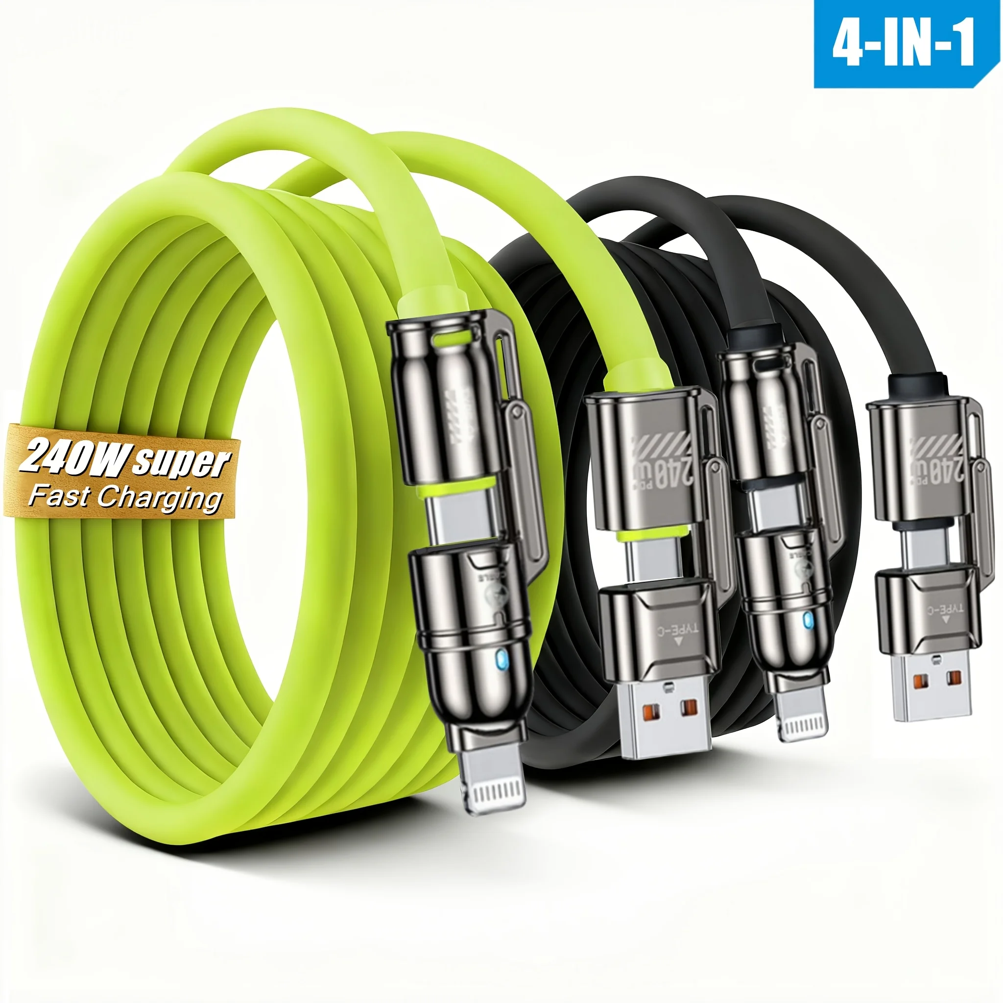 Cable de carga rápida 4 en 1 de silicona de 240W para IPhone 17 16 15 14 13 12 11 Pro Max para Samsung S25 S24 S23 para LG para Oppo