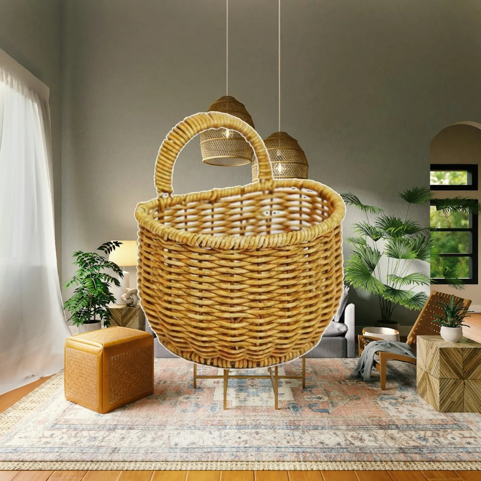 Storage Basket Wall Mounted Organizer Handwoven Rattan Look for Kitchen