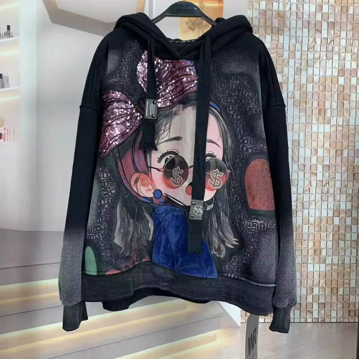 Bow Tie Girl Sequin Design Plus Size Hooded Sweatshirt Europeans American Style Women's Hoodies Autumn Winter Vintage Sweatshirt