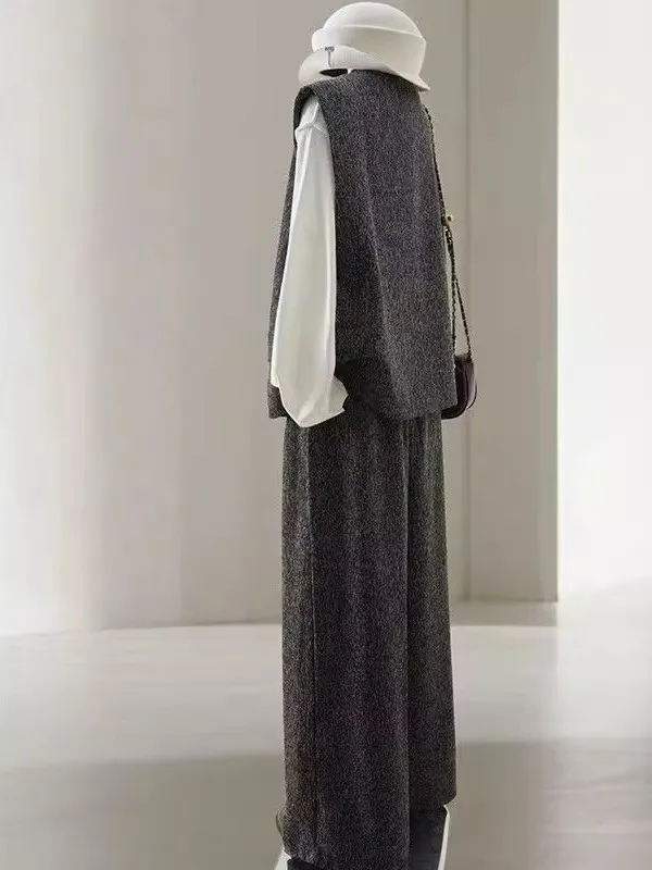 plus Size Women's Vest Pants Set High Waist Wide Leg Autumn Casual Sportswear Two-Piece Suit Lightweight Maturi round Ne