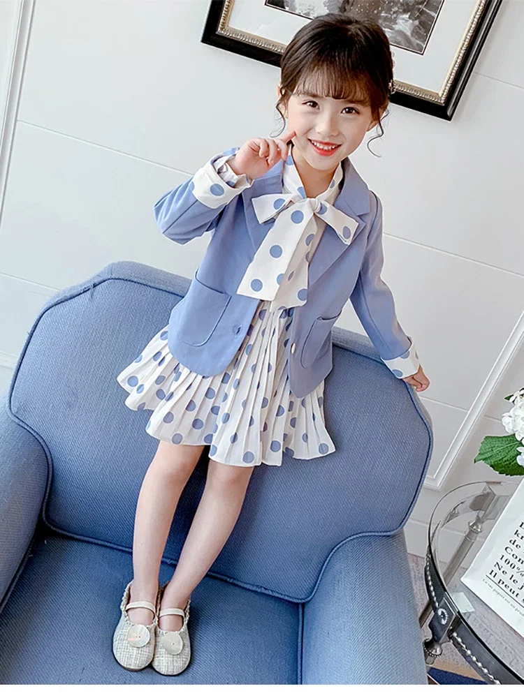 

Kids Blazers Sets Spring Autumn Girls Casual 2pcs Dress Suits Jackets Single Breasted Polka Dot Sweet Children's Clothes H1-1