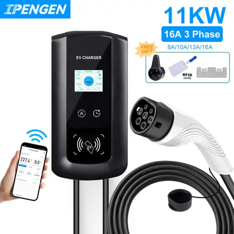 IPENGEN EV 충전 스테이션 11KW 전기 자동차 차량용 충전기 EVSE Wallbox Wallmount 16A Type2 케이블 IEC62196 APP 제어