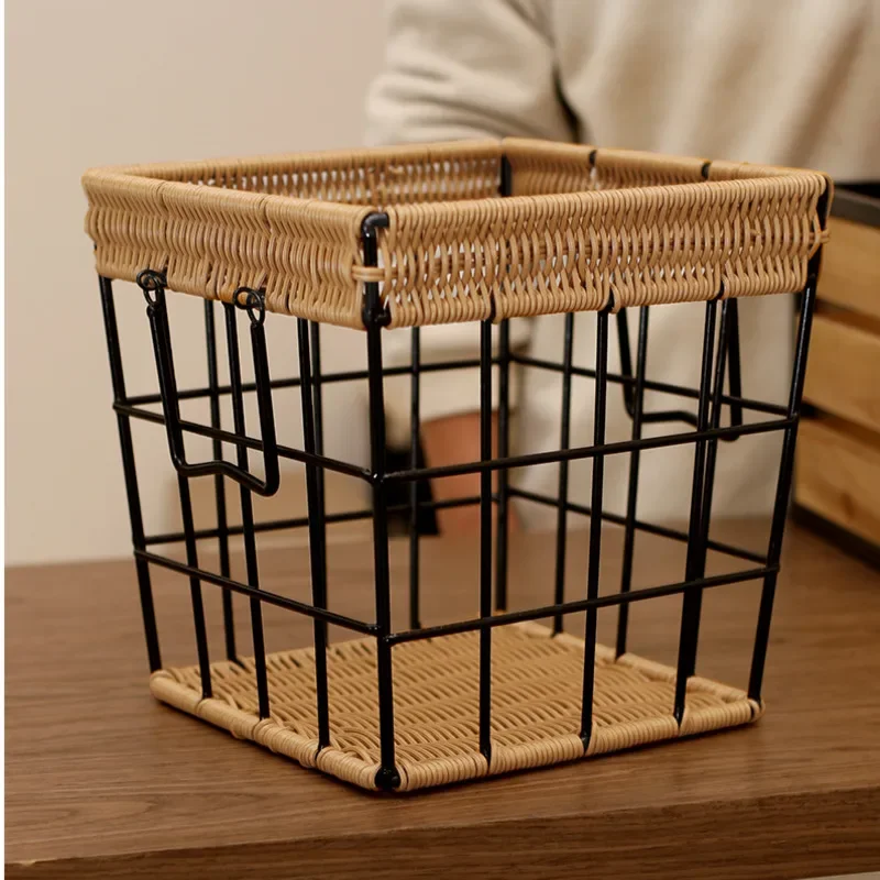 Vintage Black Storage Basket Imitation Vine Weaving Bread Basket 2 Sided Handle Organizer Box Versatile Practical Kitchen Items