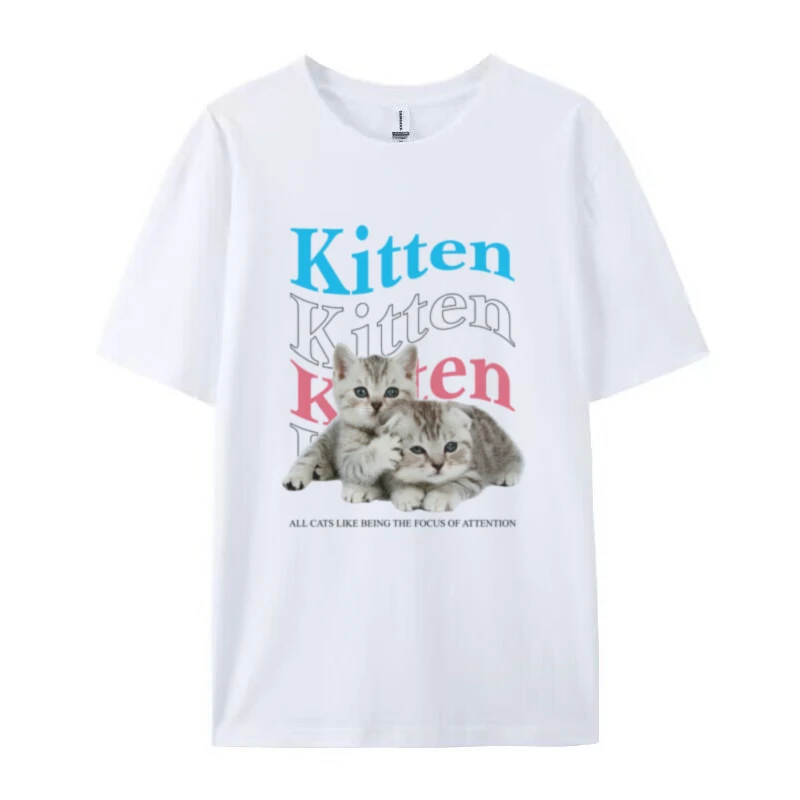 Kawaii Cat Kitten Graphic Tops Short Sleeve Cotton Aesthetic Tshirts Retro Women Fashion Clothing Y2k Cute Cat Lover T Shirt