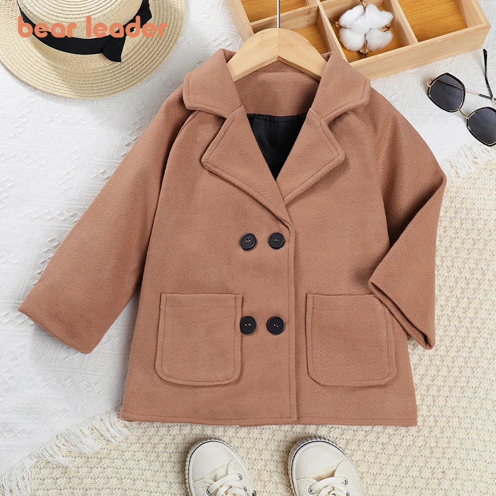 Bear Leader Girls' Woolen Coat 2023 Autumn/Winter New Children's Suit Collar Woolen Solid Coat Children's Fashion Coat