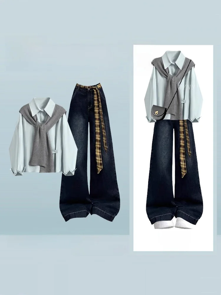 Conjunto de Camisa Holgada de Manga Larga para Mujer con Chal Gris y Pantalones Vaqueros de Cintura Alta y Pierna Recta, Atue...