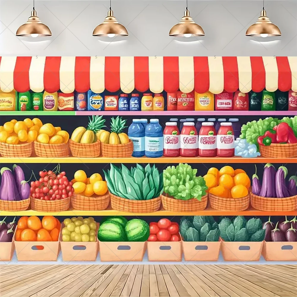 カラフルなスーパーマーケットの棚の背景、新鮮な果物や野菜、食 - Party Event Supply Store のレビューと価格