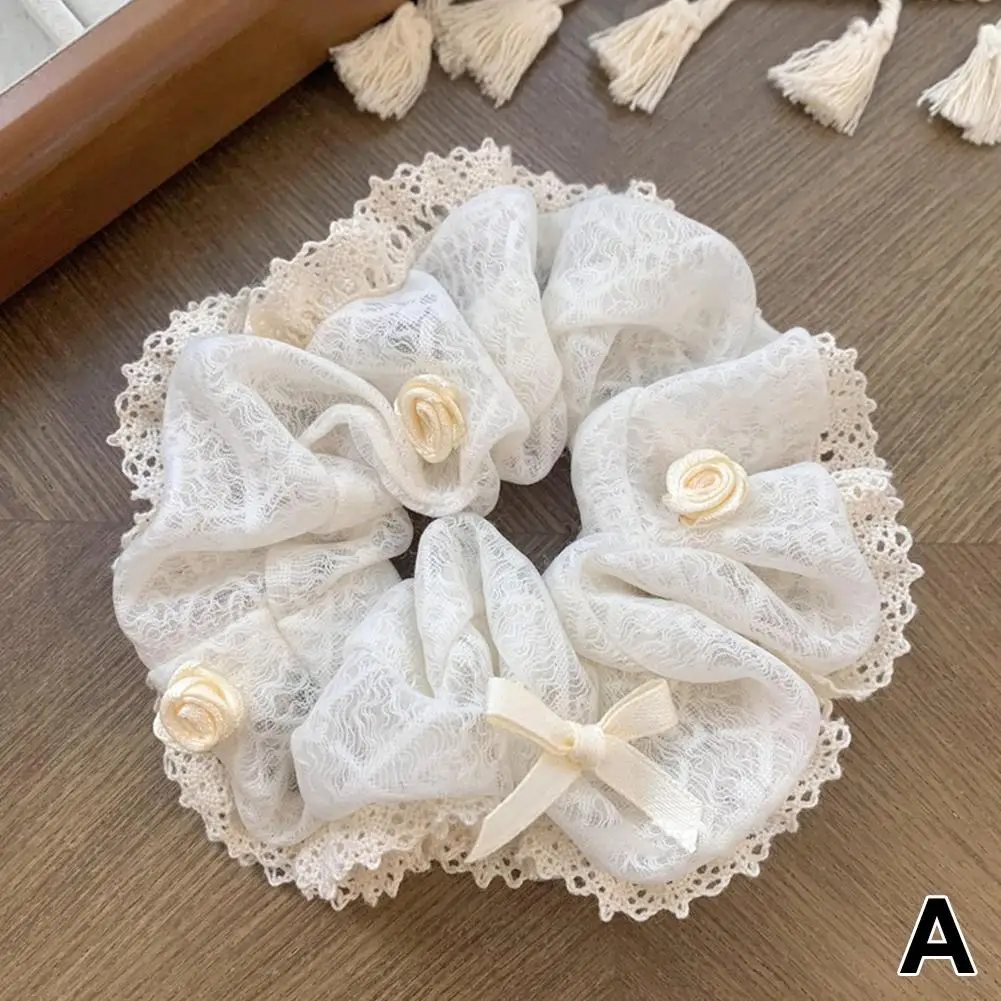 Ikat Rambut Elastis Bunga Mawar Mutiara Renda Perancis untuk Wanita Ikat Rambut Ikat Rambut Putih Krem Aksesori Rambut Ekor Kuda Q5R5