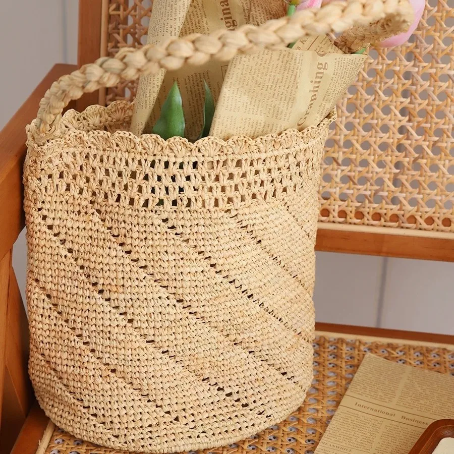 

New Handheld Grass Woven Bag Women's Vegetable Basket Grass Woven Women's Bag Summer Vacation Beach Bag Single Shoulder Bag