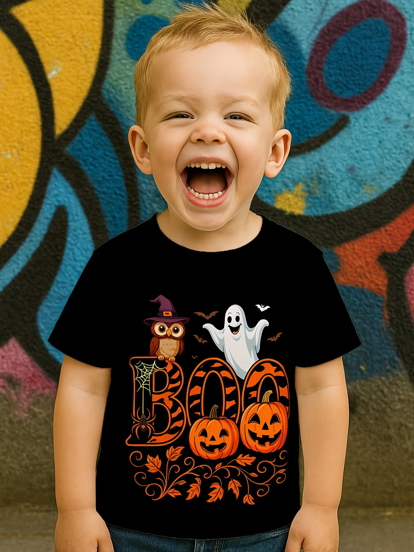 تي شيرت ممتع للهالوين للأولاد - "BOO!" مطبوعات الشبح/القرع/البومة، بوليستر مريح، للهالوين والخدعة أو المعالجة