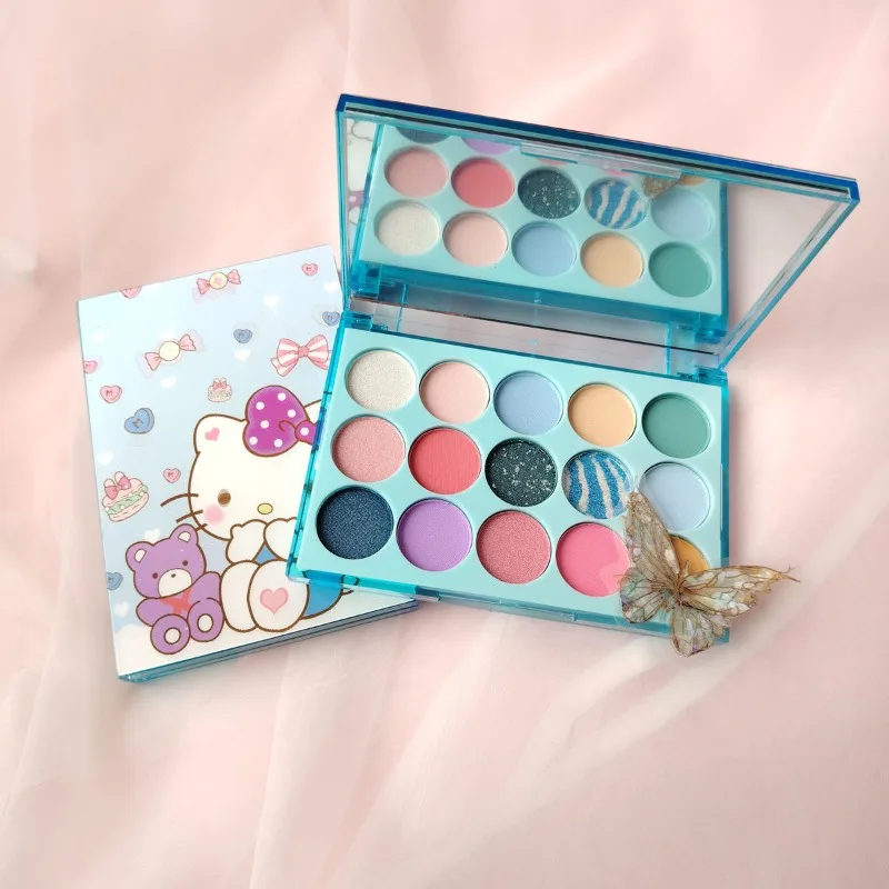 Cute Hello Kitty Eye Shadow Palette Set with Makeup Mirror 15 Colors with High Appearance Value Matte Fine Sparkle Eye Shadow