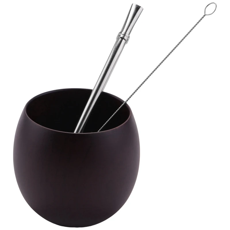 Wooden Yerba Gourd Mate Tea Set Handmade Natural Wood Coffee Water Mate Cup with Spoon Straw Bombilla Brush 200ML(Deep)-A55K