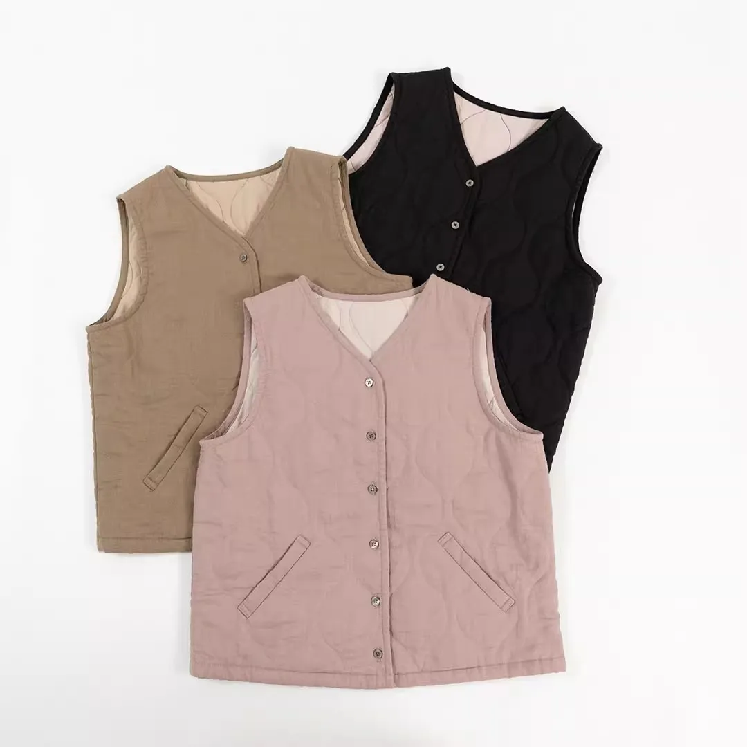 

Retro Japanese Sle Quilted Cotton Vest Women's ort Outerwear Autumn Winter Thiened Svel Faionable Layering