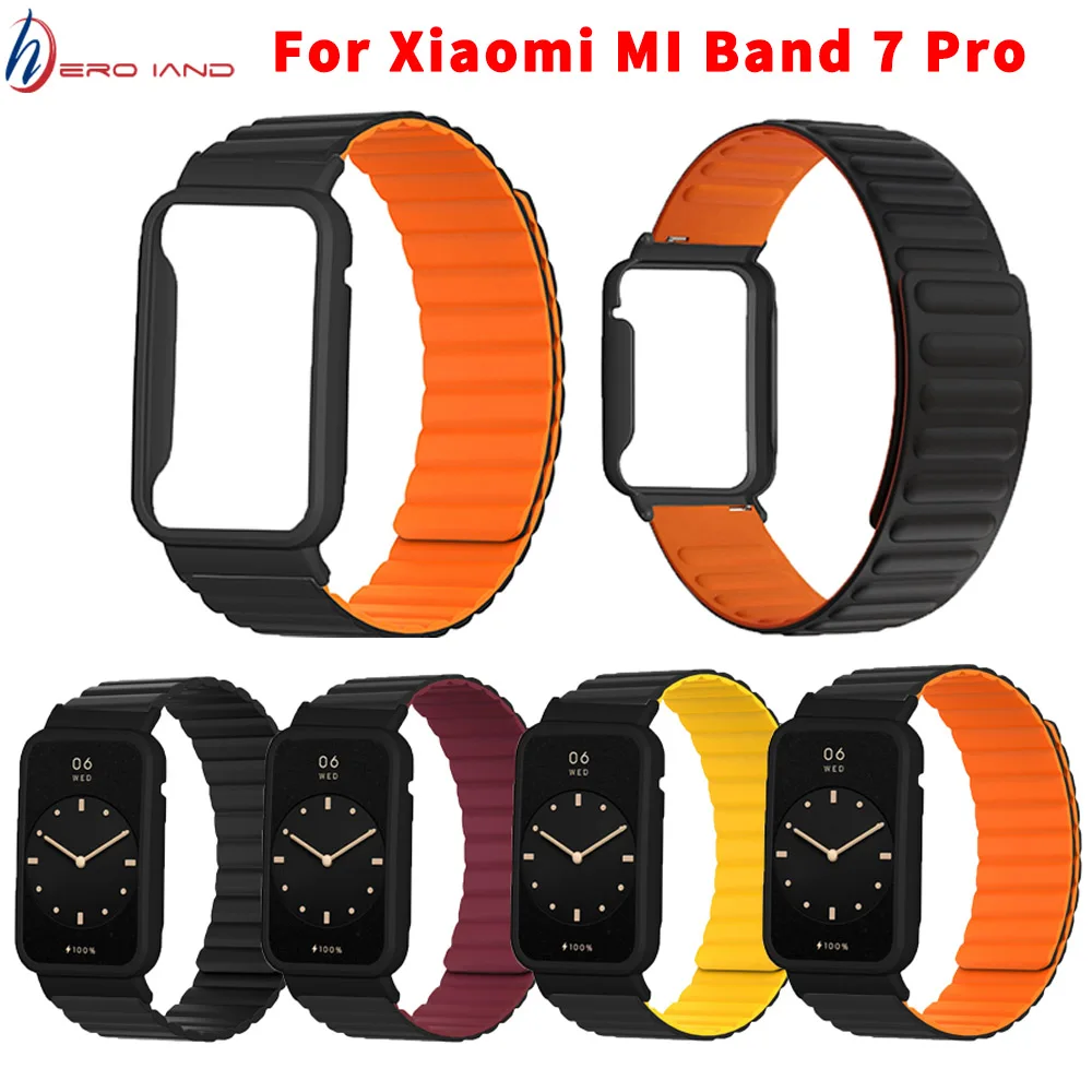 

Strap for Xiaomi Mi Band 7 Pro Double Sided Magnetic Soft Silicone Belt Metal Case Wristband Xiaomi Miband 7pro Watch Bracelet