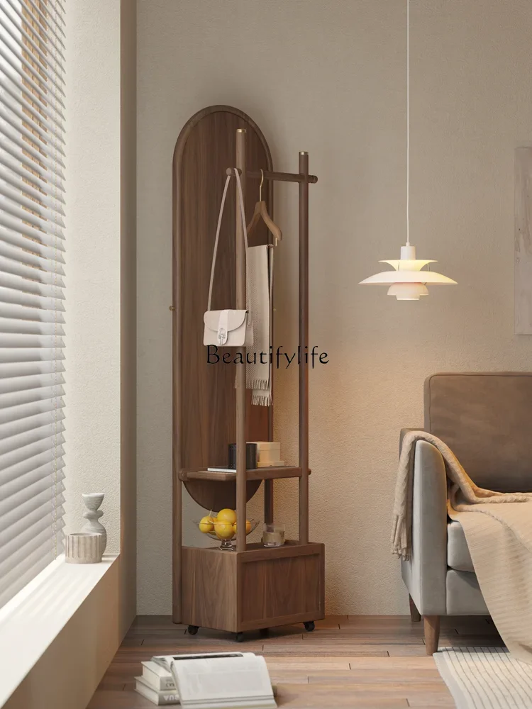 110*Solid wood movable full-body mirror black walnut household small mirror coat rack