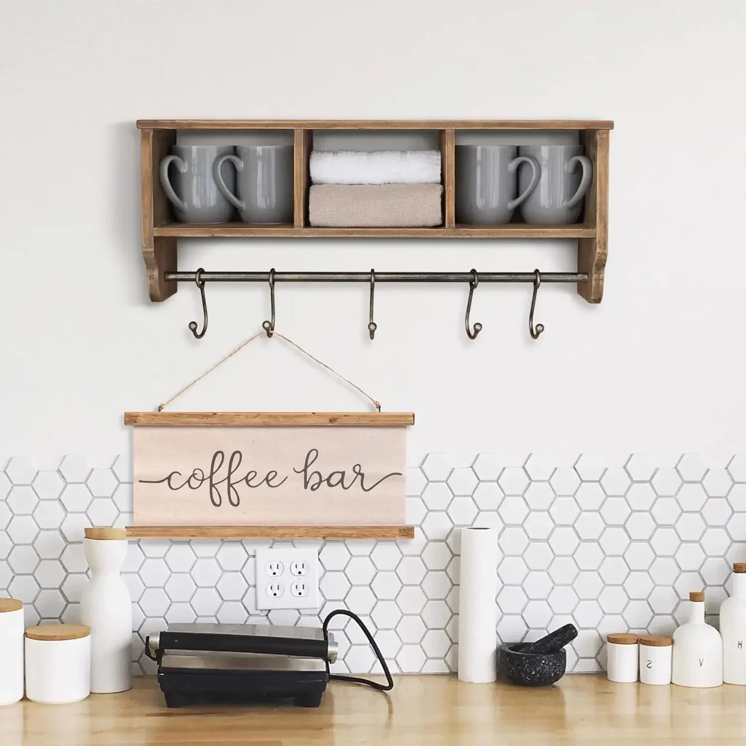 

Wall Mounted Shelf with Coat Hooks and Baskets, Solid Wood Entryway Organizer Wall Shelf with Hooks