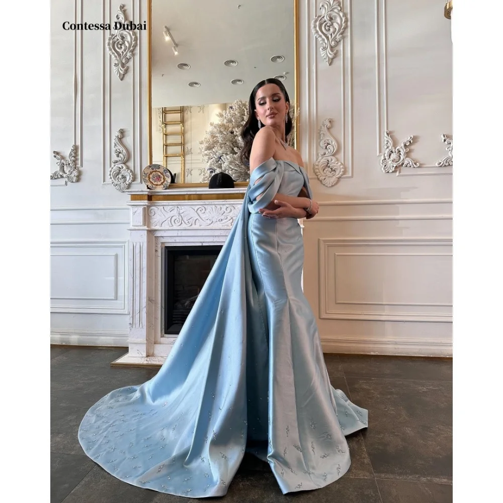 

Contessa Dubai Blue Off Shoulder Mermaid Prom Dresses Beading Customized فساتين سهرات Sweep Train Evening Exquisite Dress 2025