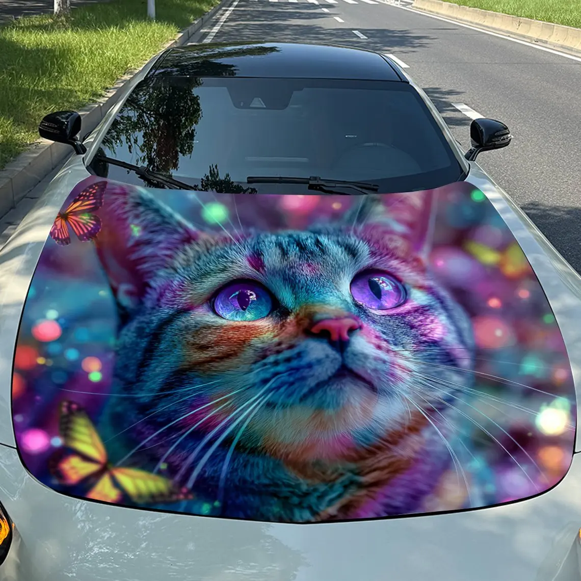 

Car Decals Realistic Cat with Vibrant Purple Eyes Amidst Colorful, Sparkling Patterns Car Hood Sticker, Waterproof Self - Adhesi