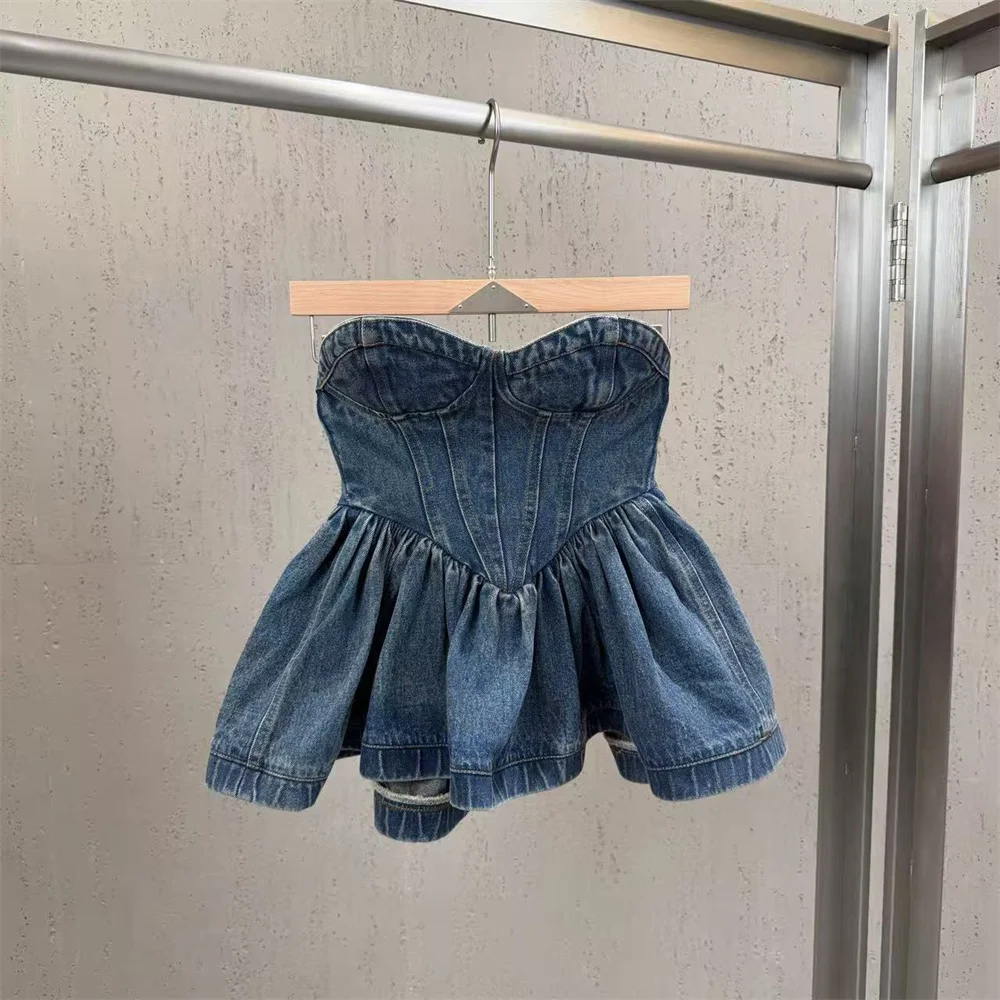 

2026 Women's Strapless Top — Washed Cotton, Fitted Corset-Style, Sexy Denim Vest (Y2K New Fashion) — Flared Hem Pullover bra