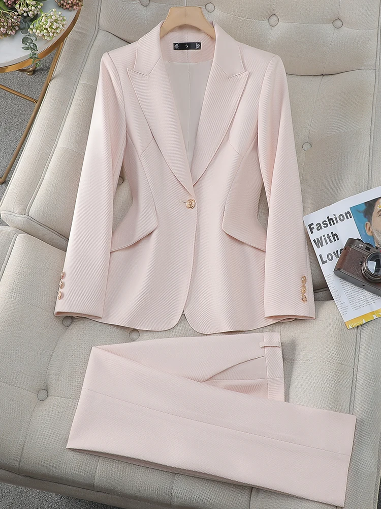 High Quality Green Pink Black Ladies Blazer Pant Suit Women Female Business Work Wear Solid Jacket and Trouser 2 Piece Set