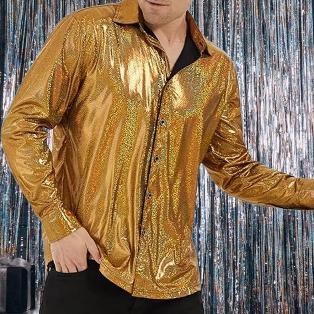 Men Performance Top Long Sleeve Shirt Men's Shiny Glossy Surface Shirt with Turn-down Collar for Christmas Party Nightclub Dance