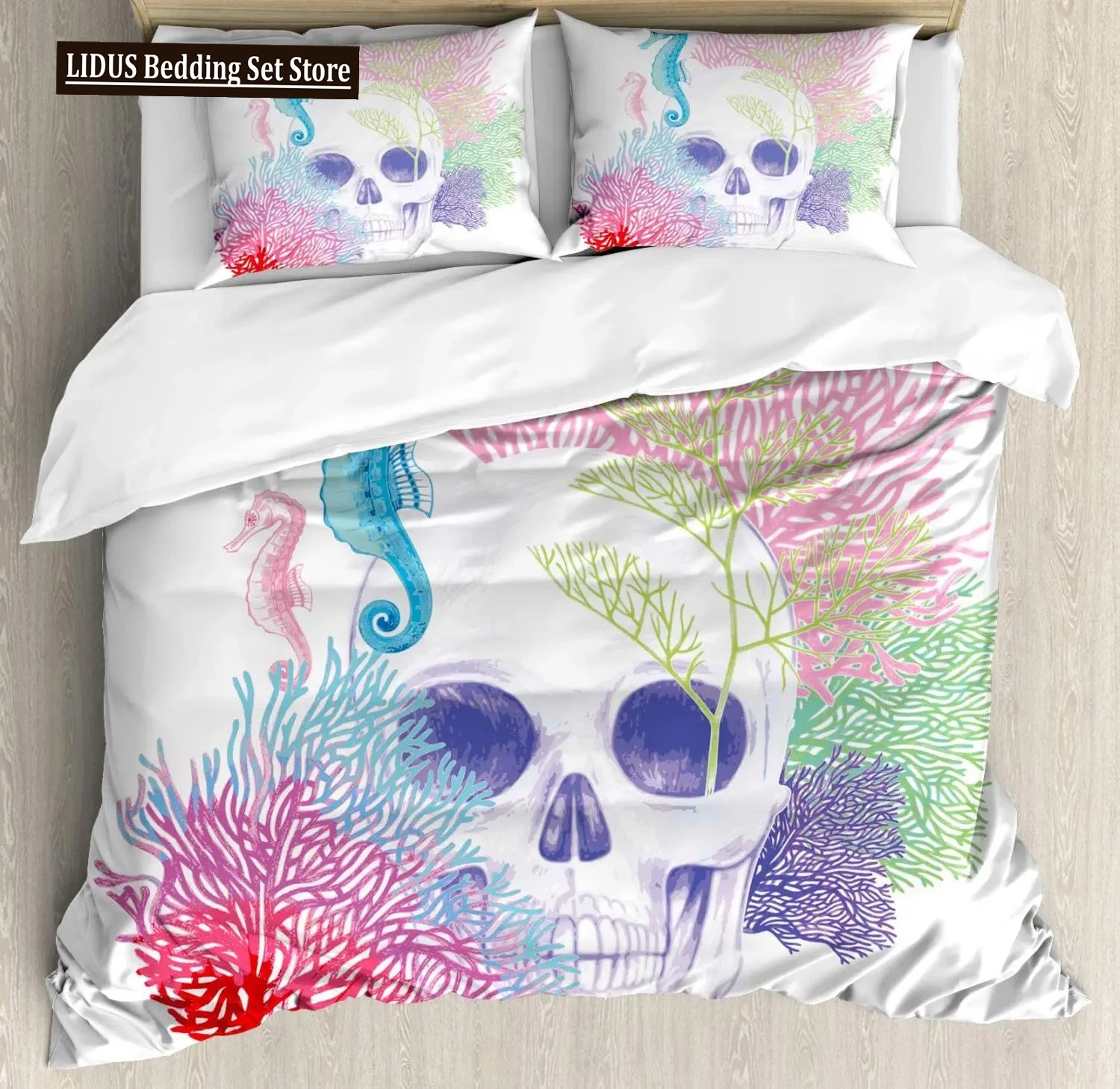 Animal Duvet Cover Set, Halloween Skull Skeleton Head With Coral Reef Dead Aquarium Pirate Wildlife Image,3 Piece Bedding Set