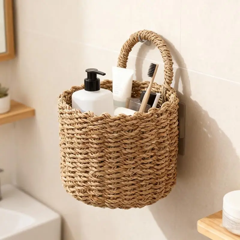 {V} Wall Hanging Basket Boho Style Hand-Woven Hanging Storage Baskets Kitchen Ginger Garlic Scallion Egg Fruit Storage Box