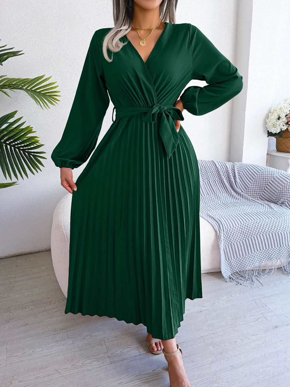 Ficusrong Women Spring Summer Cross Solid Color V Neck Large Hem Pleated Long Dress For Fashion