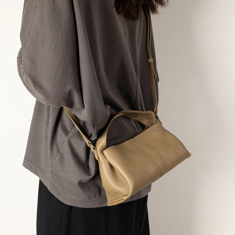 

Casual Solid Color Genuine Cowhide Leather Crossbody Bag Women Chic Fashion Handbag Simple Style Shoulder Purse