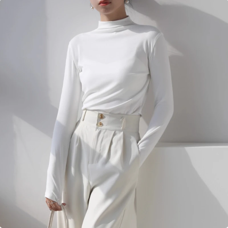 Autumn Winter Women's Long Sleeve T-Shirt Solid Color Half Turtleneck Slim Fit Basic Casual Top Korean Fashion Undershirt