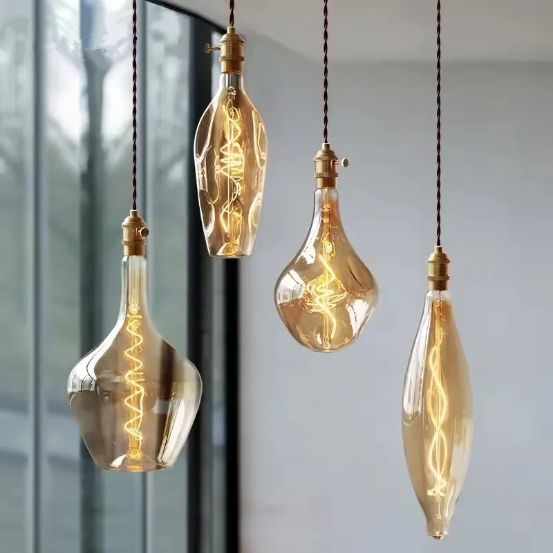 

Vintage amber Edison Glass Pendant Light Unusual Bubble Lamp Minimalist Dining Room Bar Bedroom kitchen island Single hanglamp