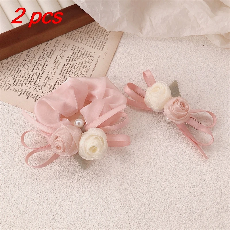 

2 Pcs Women's Hair Accessories Pack Tulip Ribbon Pearl Pink Sweet Hair Ropes Gentle Elegant Fashionable Hair Clips For Girl