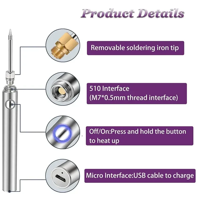 Cordless Soldering Iron Tool Pen Portable USB 5V 8W Electric Powered 3 Tip Kit Rechargeable and Temperature Adjustment image 3