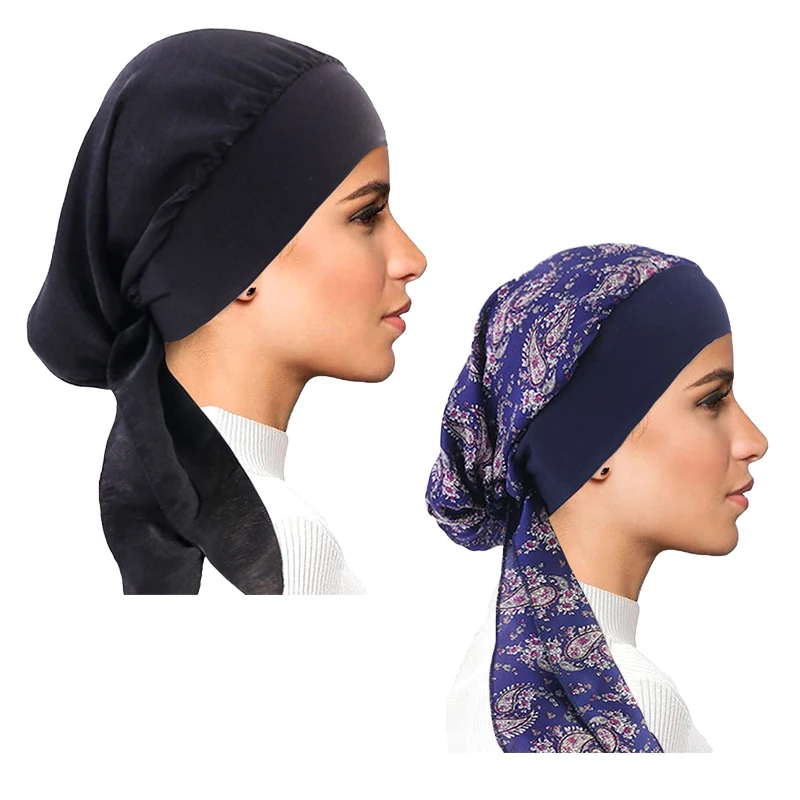 2 TEILE/LOS Frauen Muslimischen Vorgebunden Turban Kappe Kopftuch Hijab Chemo Hut Haarausfall Kopftuch Wrap Strech Bandana Haar Zubehör – Detail 8