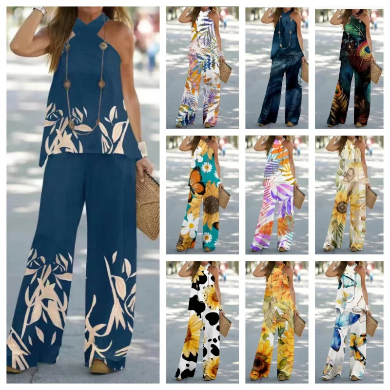 Summer New Women's Clothing Cross-Halterneck Sleeveless Printed Casual Wide-Leg Pants Elegant Outfit