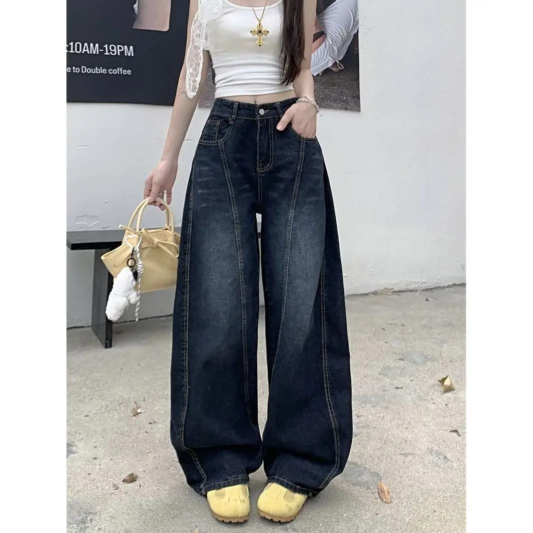 

Женские джинсы с вышивкой в стиле ретро, американского дизайна, широкие, свободного кроя, в пол, с эффектом похудения, повседневные, из хлопкового денима